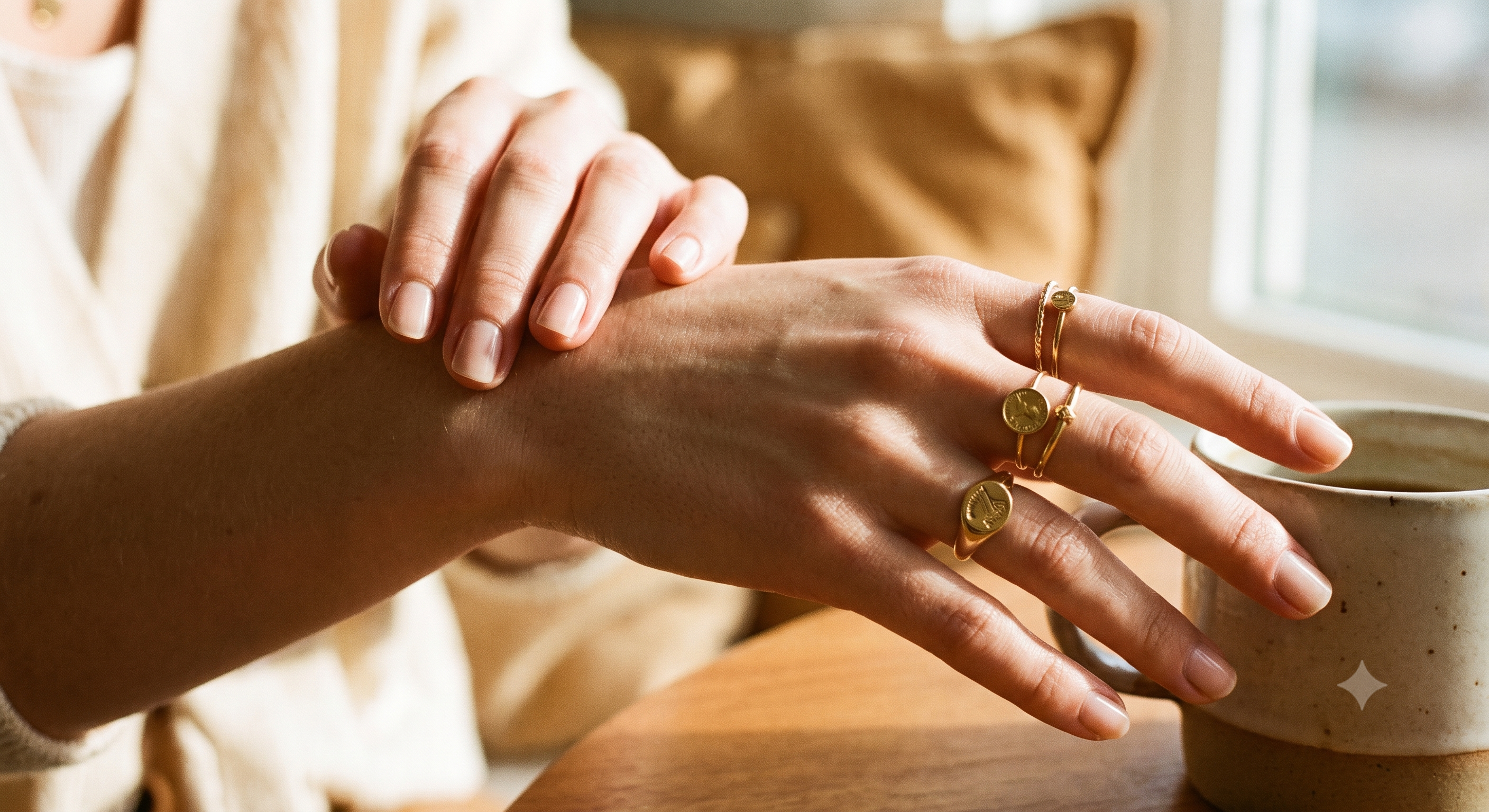 Move — gold stacked rings on hand near coffee cup