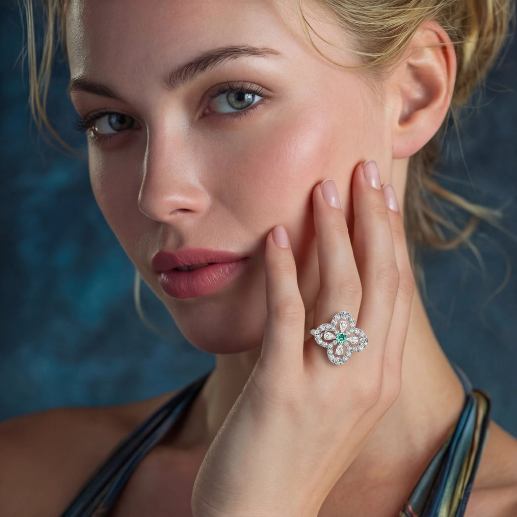 925 Sterling Silver Lucky Charm Clover Ring | Mint Green Moissanite with Open Halo | Lucky Hand Move Line