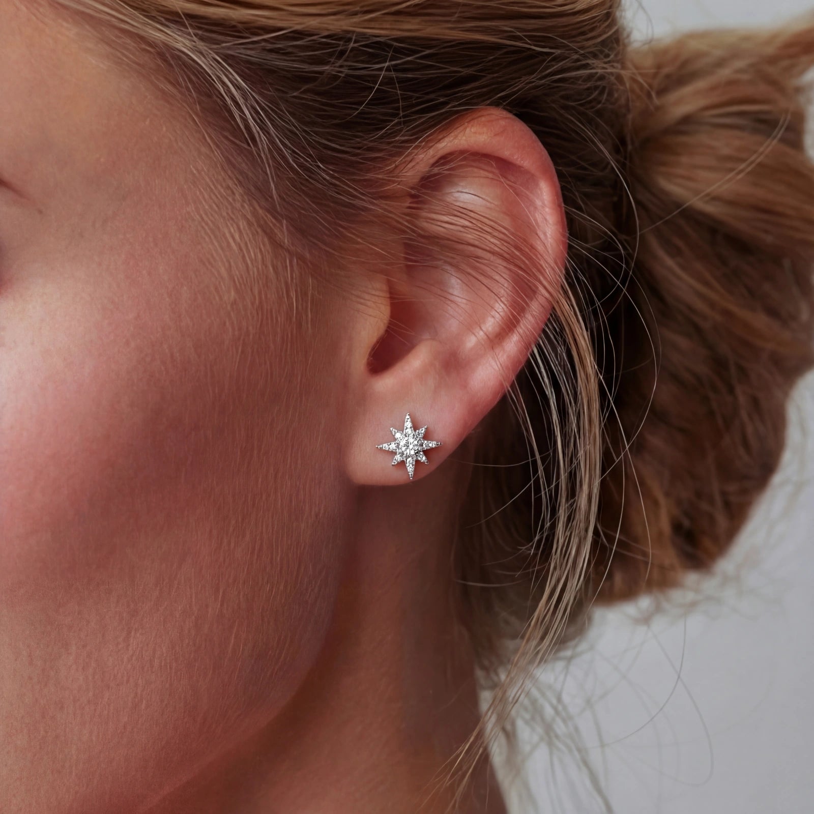 925 Sterling Silver Celestial Star Stud Earrings | Moissanite Center with Pave Accents | Lucky Hand Hear Line