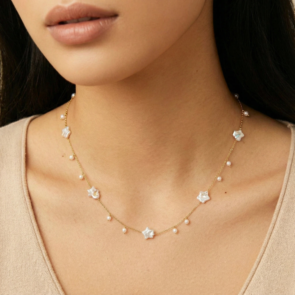 18K Gold Vermeil Celestial Pearl Stars Necklace | Baroque Pearls on Adjustable Chain | Lucky Hand Hold Line
