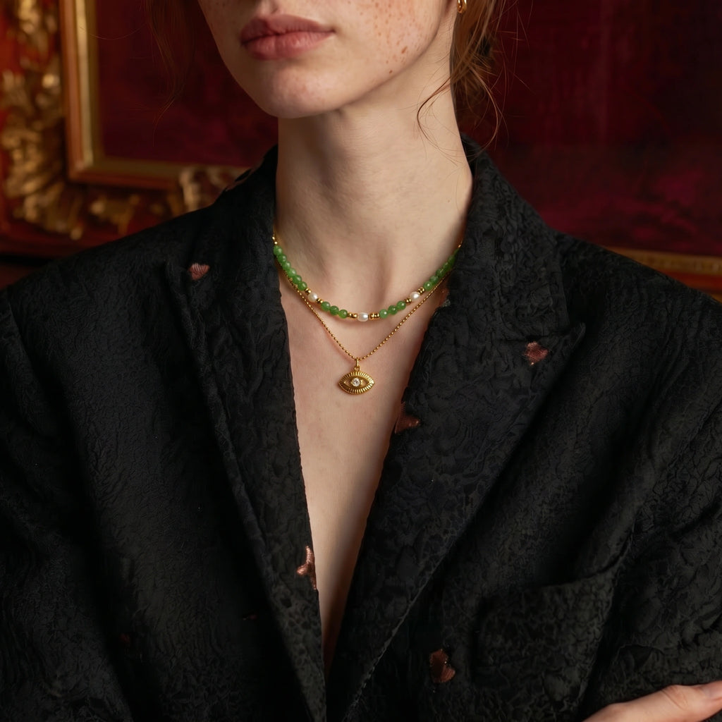 Mystic Eye Layered Necklace | 18K Gold Plated Protection Symbol | Lucky Hand Hold Line