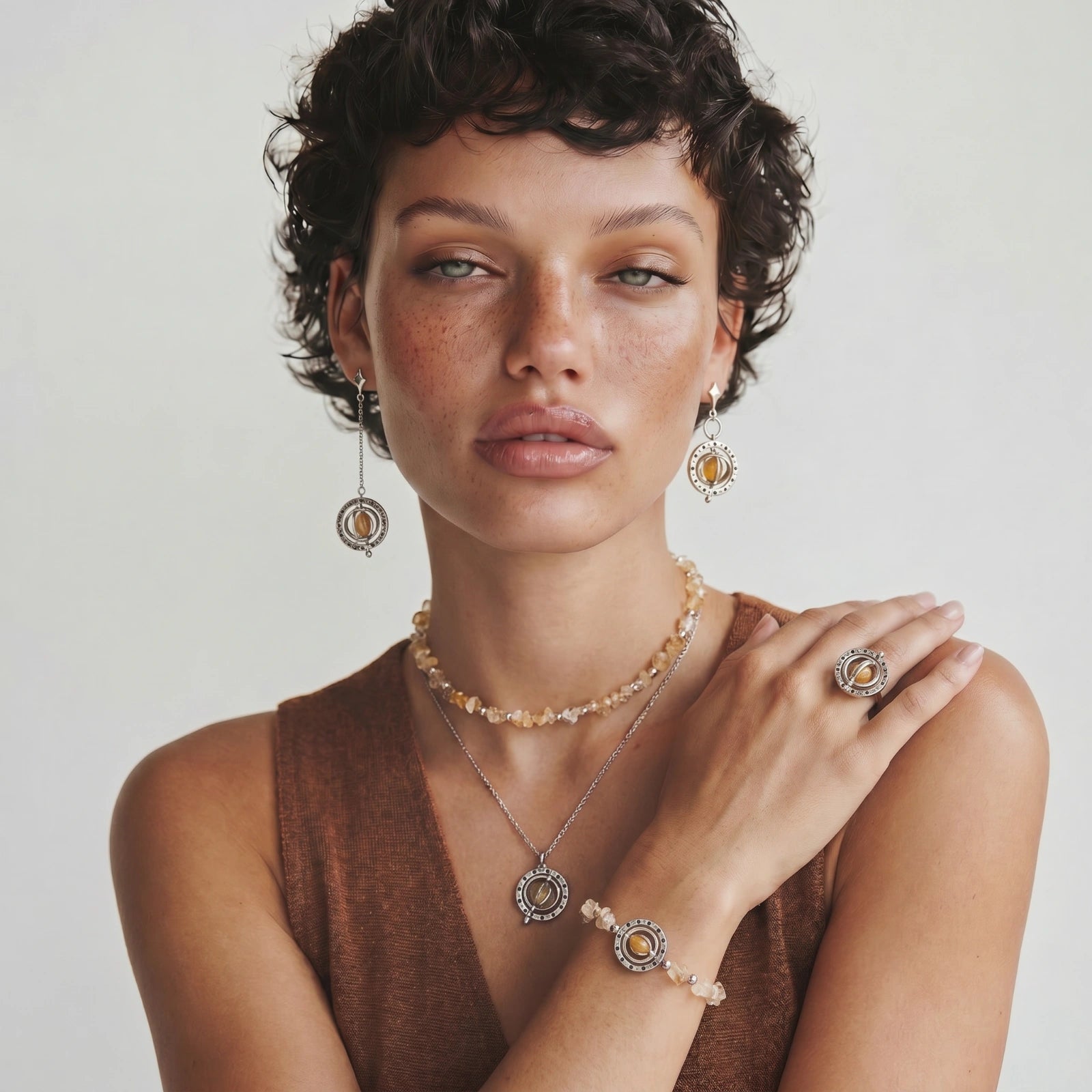 Eco-Brass Cosmic Spinner Ring | Celestial Zirconia & Enamel | Lucky Hand Move Line