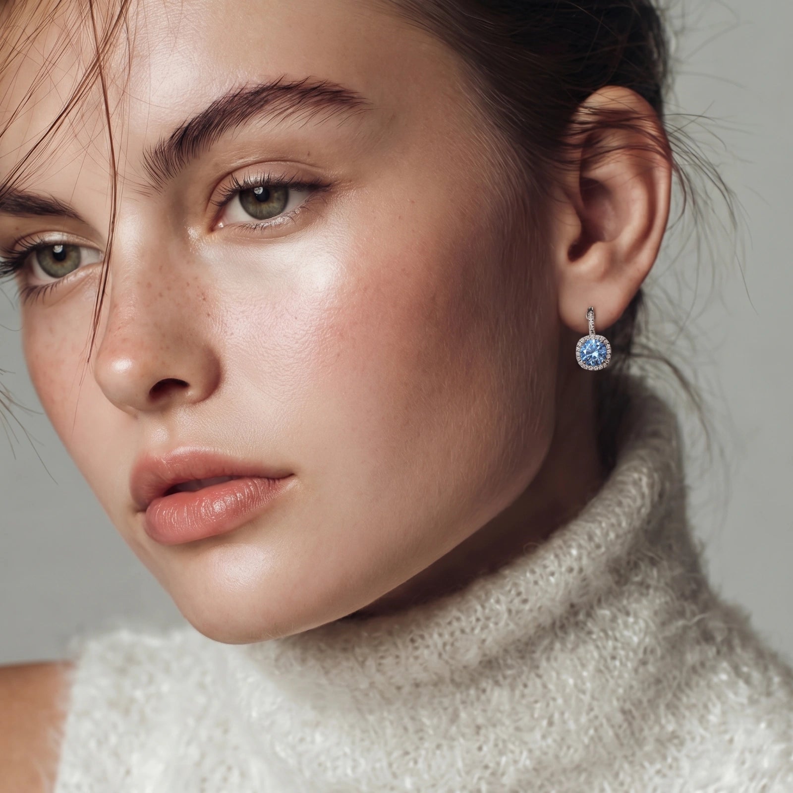 925 Sterling Silver Celestial Halo Drop Earrings | Blue Moissanite with White Zirconia Halo | Lucky Hand Hear Line