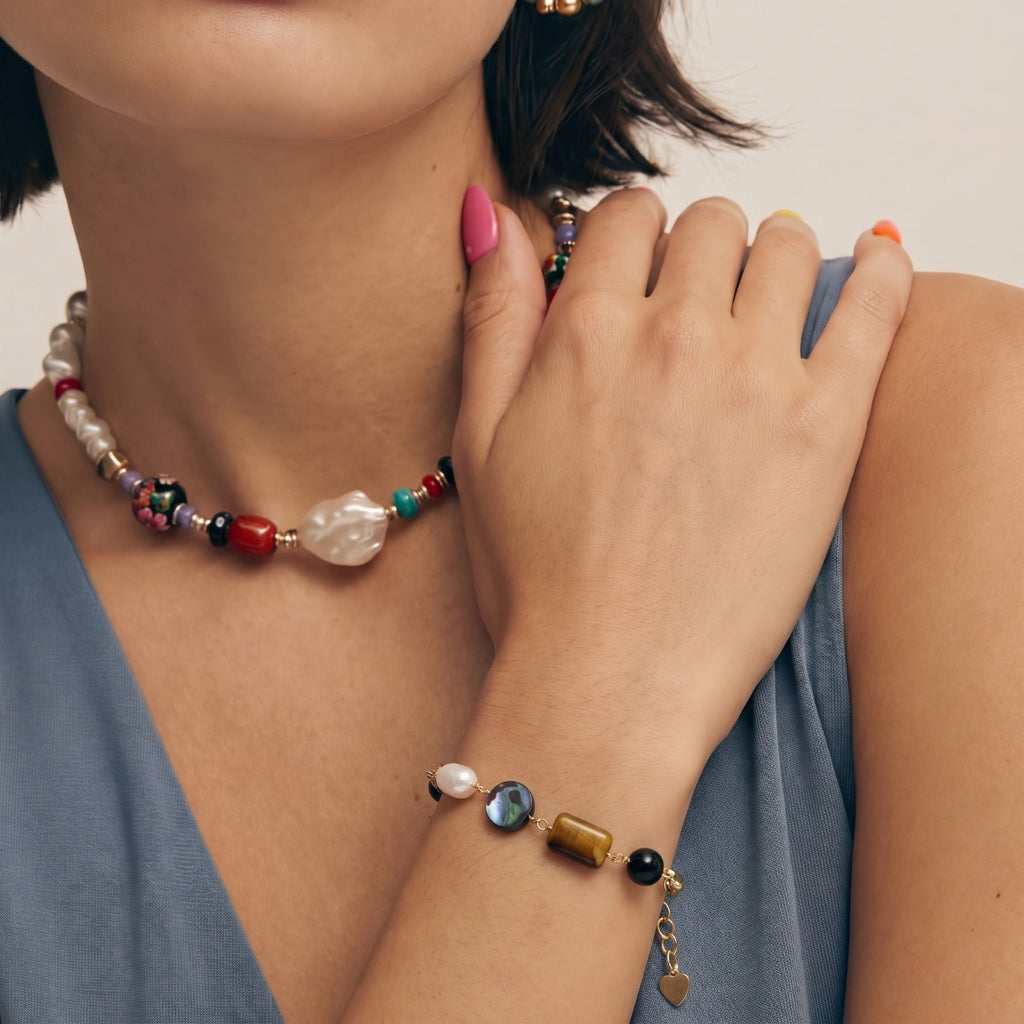 14K Gold Plated Earth Elements Bracelet | Natural Stone Charm | Lucky Hand Anchor Line