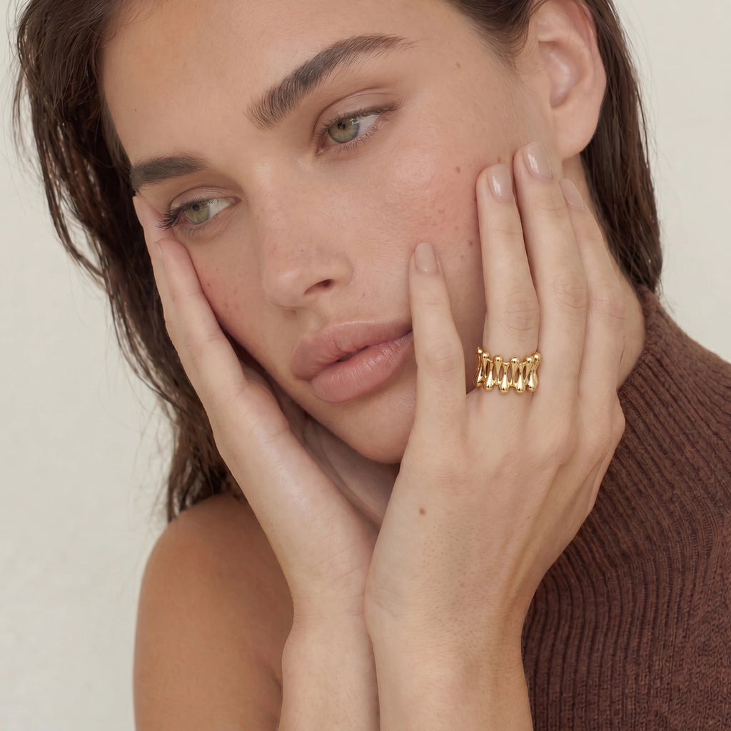 18K Gold Plated Golden Rope Sculpture Ring | Adjustable Statement Band | Lucky Hand Move Line