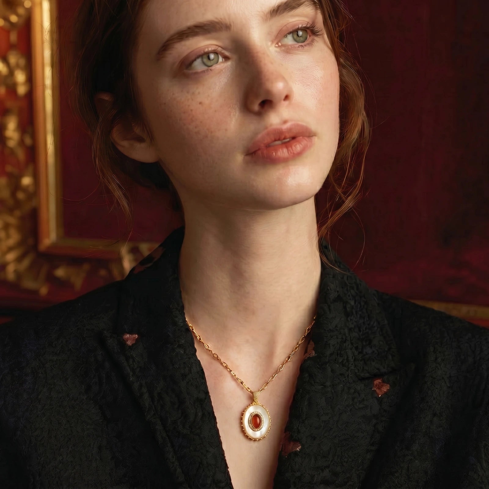18K Gold Plated Amber Cameo Pendant Necklace | Adjustable Chain with Zirconia | Lucky Hand Hold Line